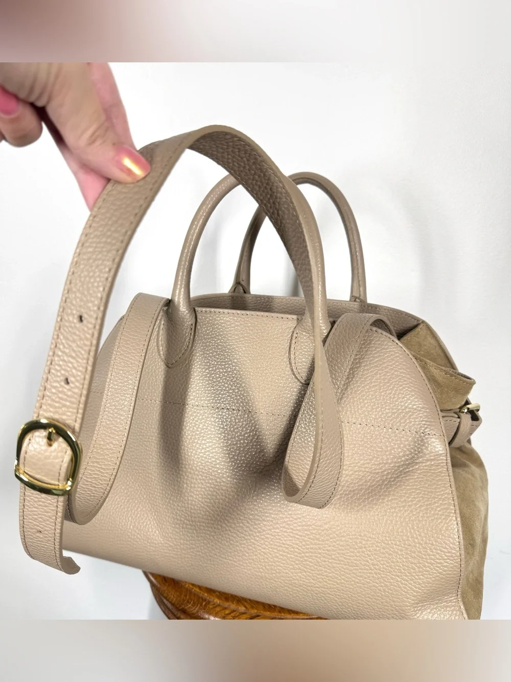 Anna Paola Riva Beige Pebbled Leather Top Handle Satchel Crossbody Shoulder Bag